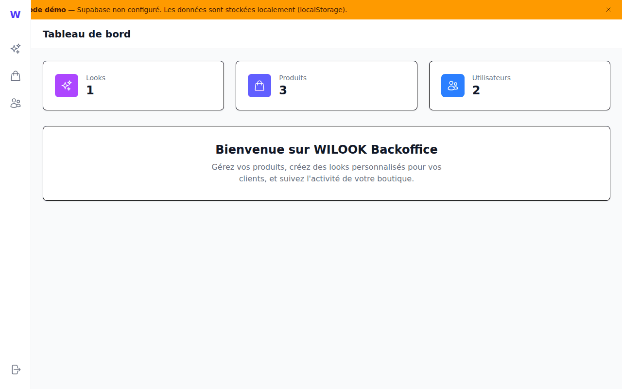 Wilook backoffice interface showing the product list